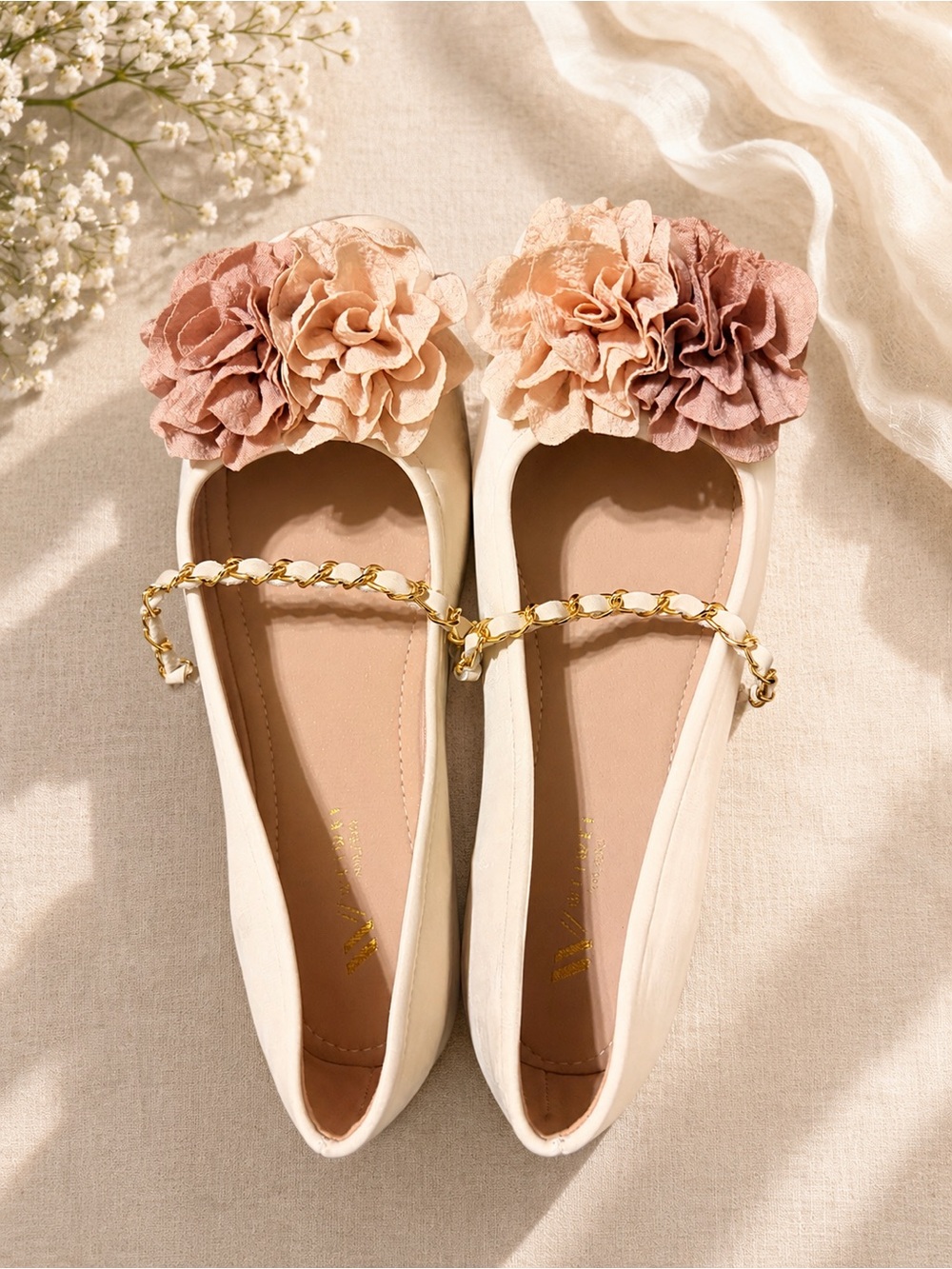 Vaneli Cream Ballet Flats with Pink Floral Clusters and Gold Chain Strap